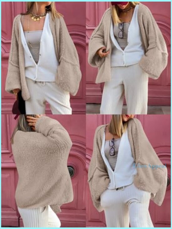 Oversized Chunky Cardigan with Lantern Sleeves, V-Neck, Extra Long Length - Picture 6 of 6
